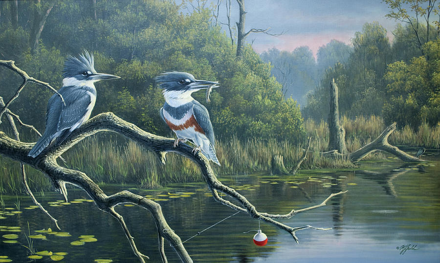 Bird Painting - Fisherman?s Luck, Belted Kingfishers by Wilhelm Goebel