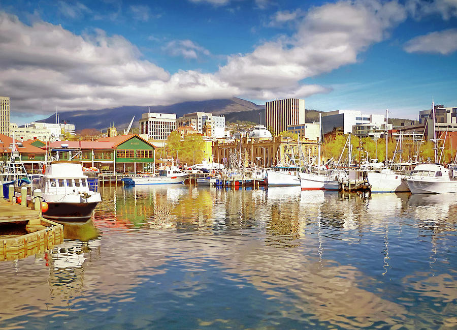 Fishermans Wharf and Hobart cityscape Photograph by Tony Crehan