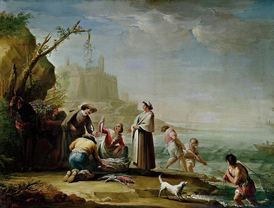 Fishers, 1783-1784, Spanish School, Oil on canvas, 56 cm x 75 cm, P00... Painting by Mariano Salvador Maella -1739-1819-