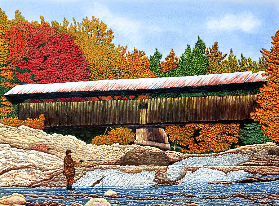 Fall Painting - Fishing At The Swiftwater Bridge by Thelma Winter