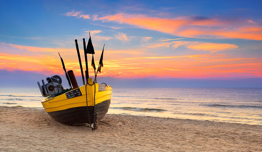 Landscape Photograph - Fishing Boat At Baltic Sea, Sunset by Jan Wlodarczyk