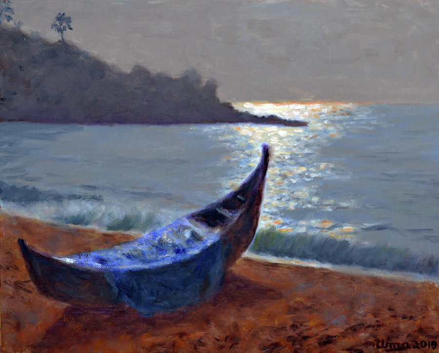 Fishing boat at Kovalam beach Painting by Uma Krishnamoorthy