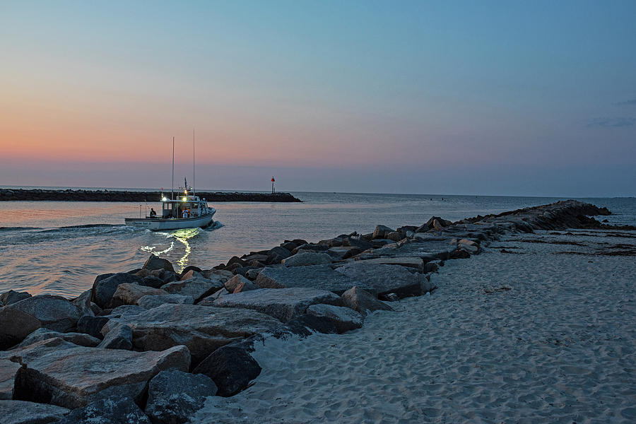 Fishing boat Heading off from Green Harbot Beach Marshfield MA at Sunrise Photograph by Toby McGuire