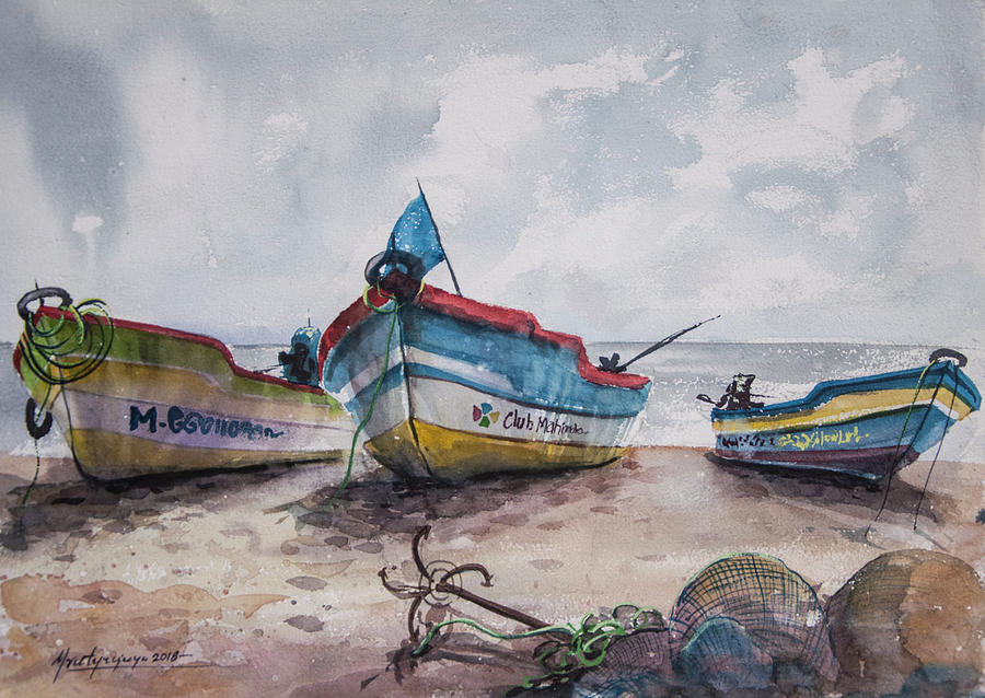 Fishing Boats At Pondicherry Painting By Mrutyunjaya Dash