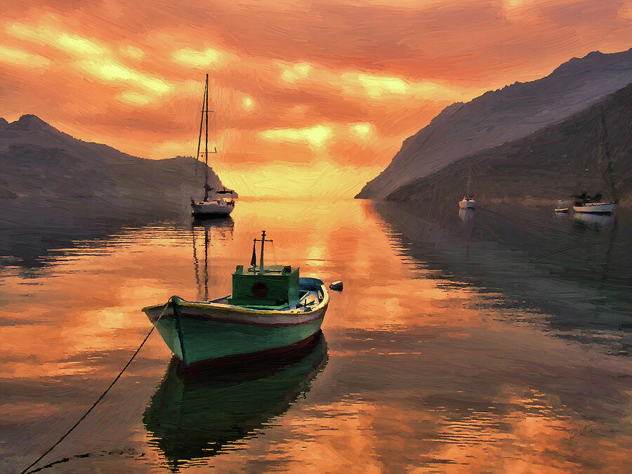 Fishing Boats at Sunset Simi Greek Islands-DWP40406001 Painting by Dean Wittle