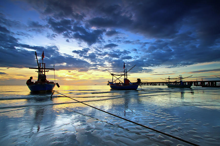Fishing Boats At The Huahin Beach Photograph by Monthon Wa
