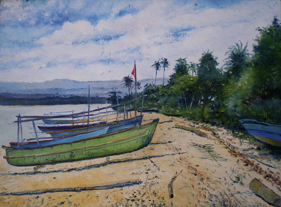 Fishing boats at Wayteluk beach Lampung Sumatra Indonesia 2008 Painting by Enver Larney