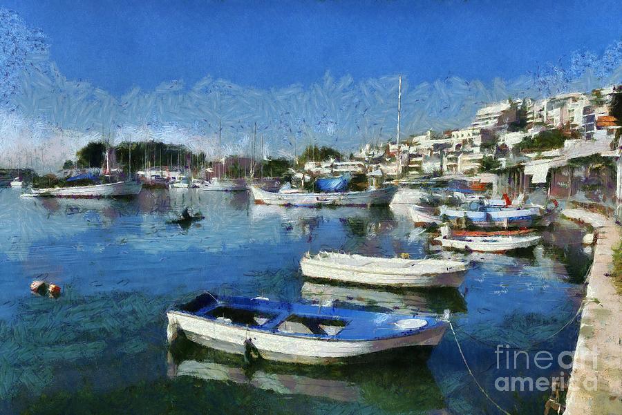 Fishing boats in Mikrolimano port Painting by George Atsametakis