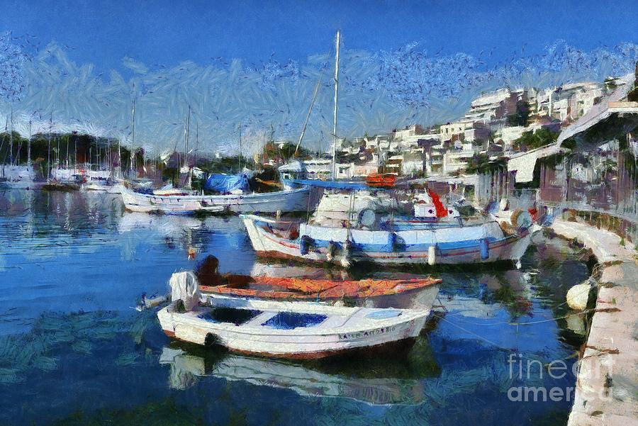 Fishing boats in Mikrolimano port II Painting by George Atsametakis