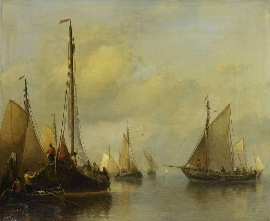 Fishing Boats on calm Water. Painting by Antonie Waldorp -1803-1866-