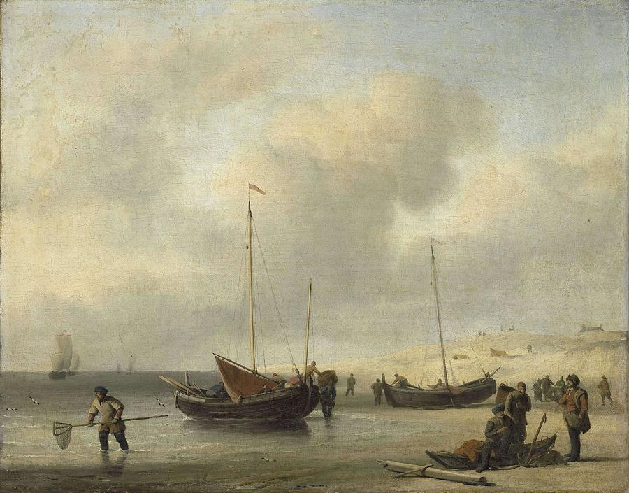 Fishing Boats on Shore -The Shore, Unloading a Fishing Smack-. Painting by Willem van de Velde -II-