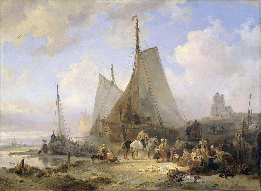 Fishing Boats on the Beach with Fishermen and Women Sorting the Catch. Painting by Wijnand Nuyen -1813-1839-