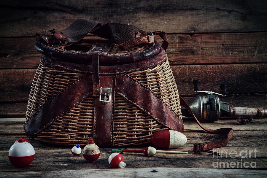 Fishing bobbers with vintage Creel basket Photograph by Suzanne Tucker -  Pixels
