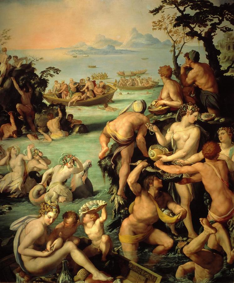 Fishing for pearls, 1570, Oil on slate, 116 cm x 86 cm. Painting by Il Bronzino -1503-1572-