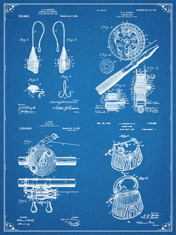 Art & Collectibles Drawing - Fishing Patent Print Set Blueprint by Greg Edwards