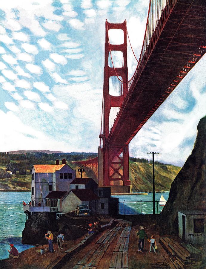 Fishing Under The Golden Gate Drawing by John Falter