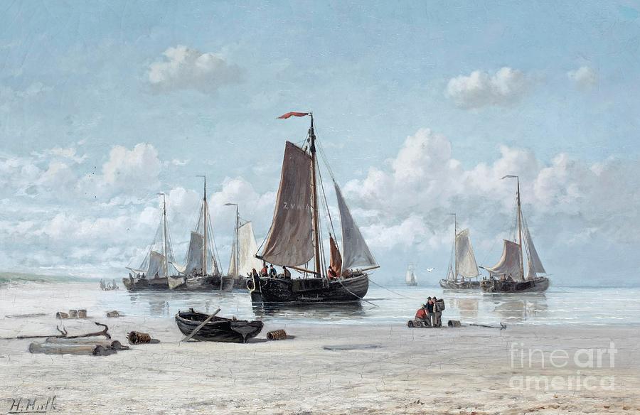 Fishing Vessels On The Beach Zandvoort Painting By Hendrik Hulk Fine