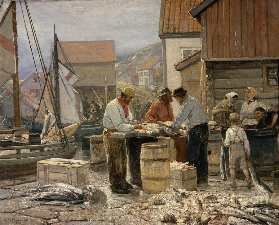 Fishmarket in Aalesund Painting by O Vaering