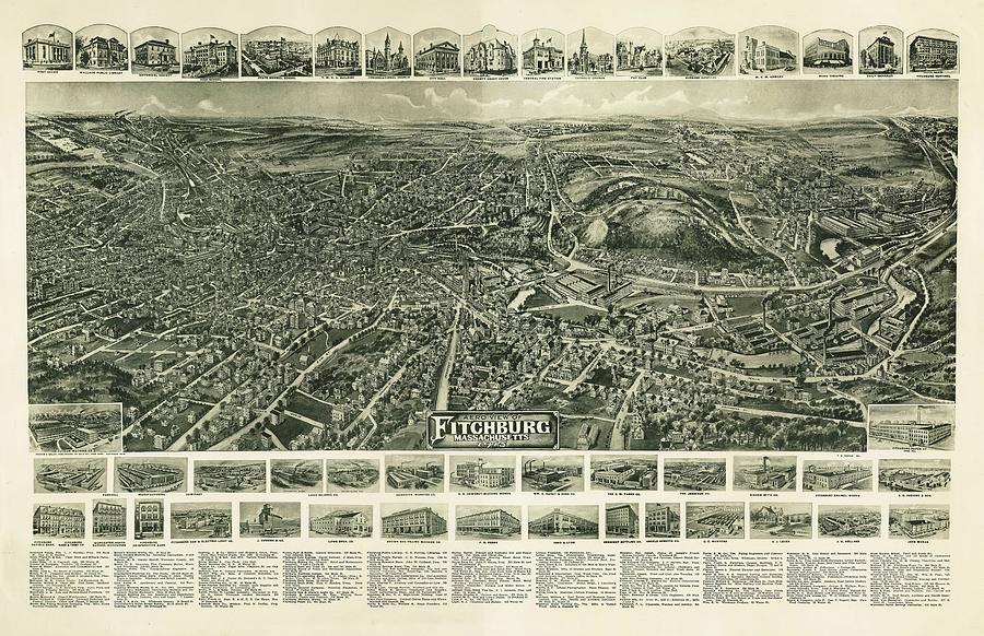 Fitchburg Massachusetts Antique Birdseye Map 1915 Drawing by History ...