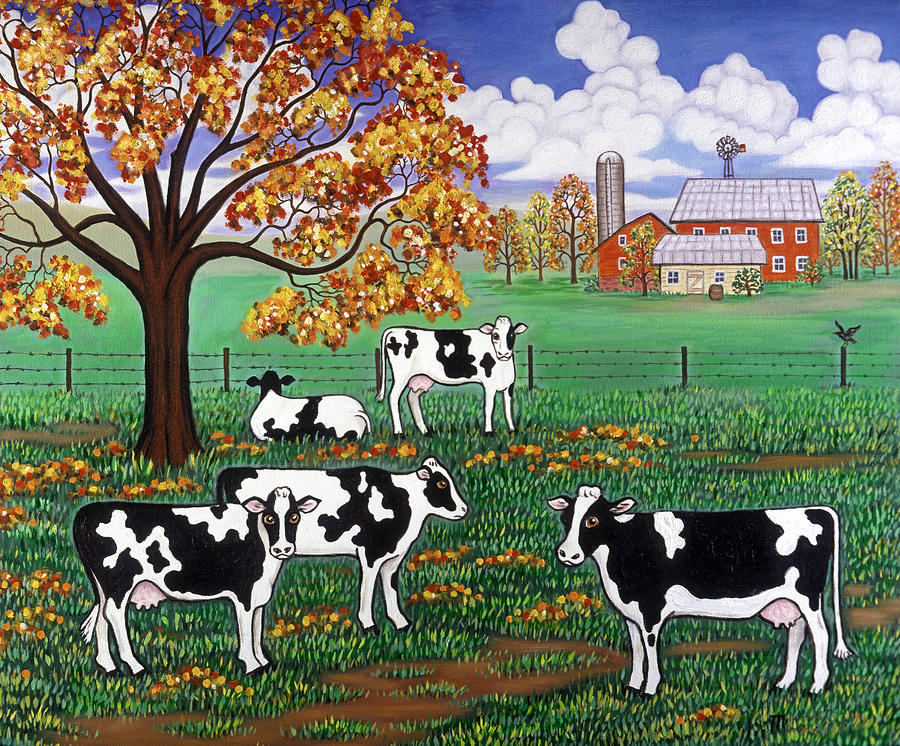 Landscape Painting - Five Black and White Cows by Linda Mears