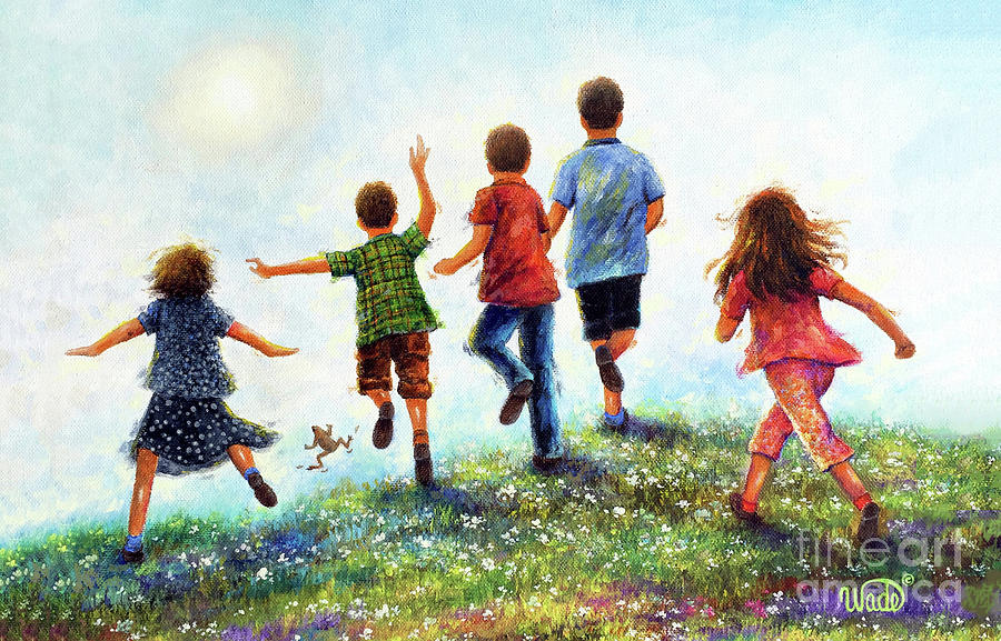 Five Country Children Running Painting by Vickie Wade.