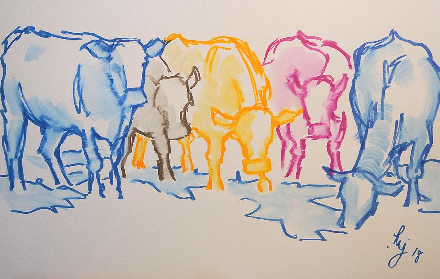 Five cows five colors watercolor line drawing Drawing by Mike Jory