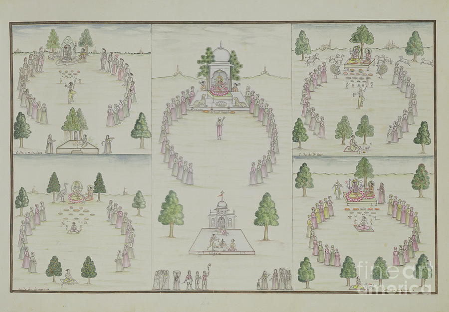 India Painting - Five Hindu Cults: Shiva, Krishna, Vishnu, Brahma And Mother Goddess From the Gentil Album, Published In 1774 by French School
