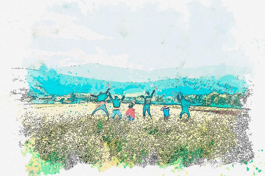 Five People Jumping In Open Field -  watercolor by Adam Asar Painting by Celestial Images
