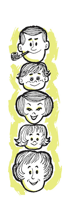 Vintage Drawing - Five Person Family by CSA Images