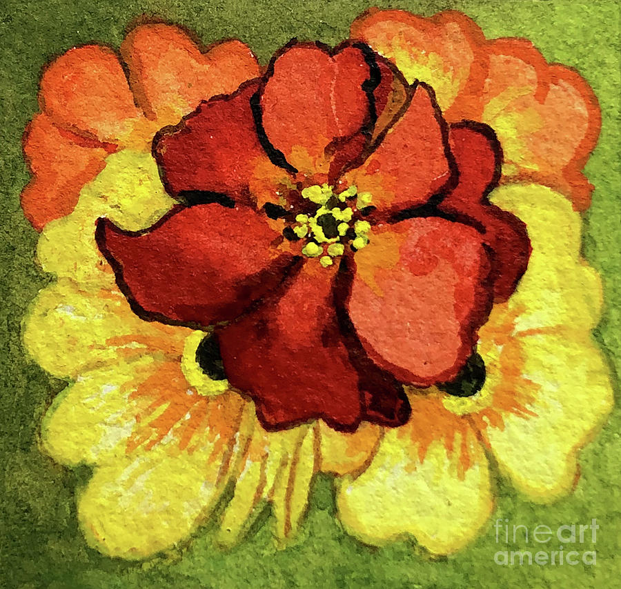 Still Life Painting - Five Primroses, Red, Yellow And Orange by Joan Thewsey