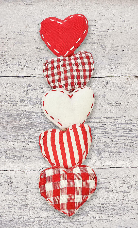 Christmas Photograph - Five Red And White Fabric Hearts by Cora Niele