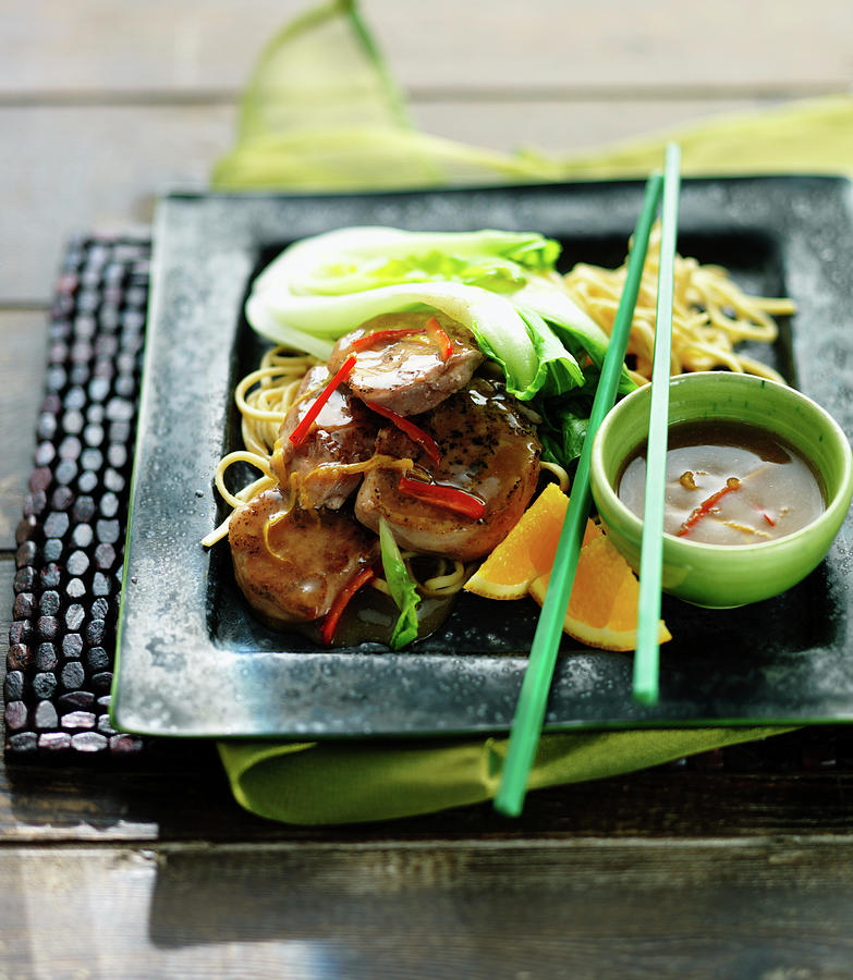 Five Spice Duck With Pak Choi, Chillies, Noodles And Oranges china Photograph by Karen Thomas