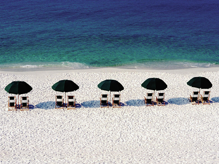 Five Umbrellas With Chairs On Beach Photograph by Medioimages/photodisc
