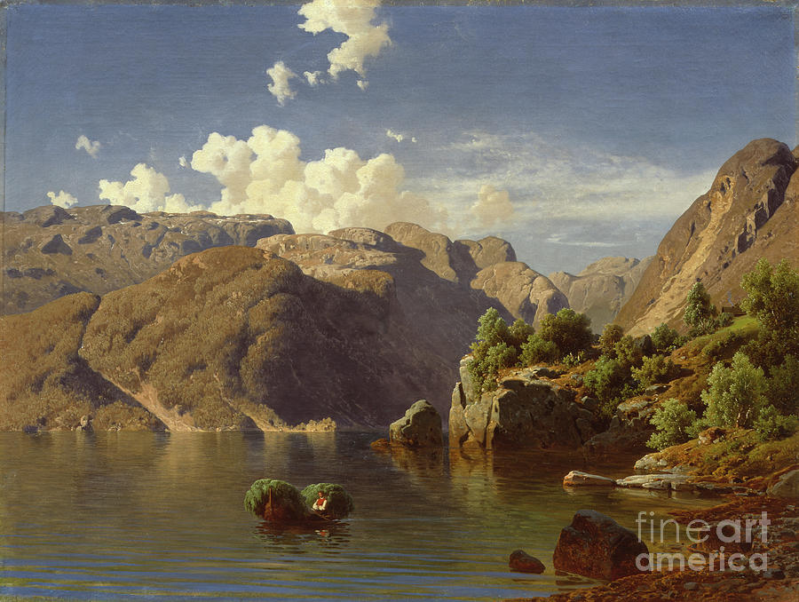 Fjord landscape with boat Painting by O Vaering by Joachim Frich