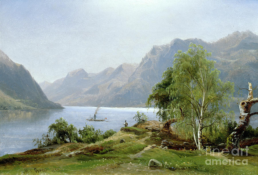 Fjord landscape with paddle steamer Painting by O Vaering