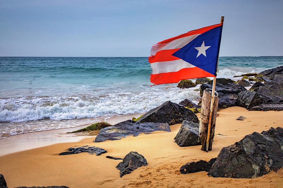 Flag On Beach, Condado, Puerto Rico Digital Art by Claudia Uripos