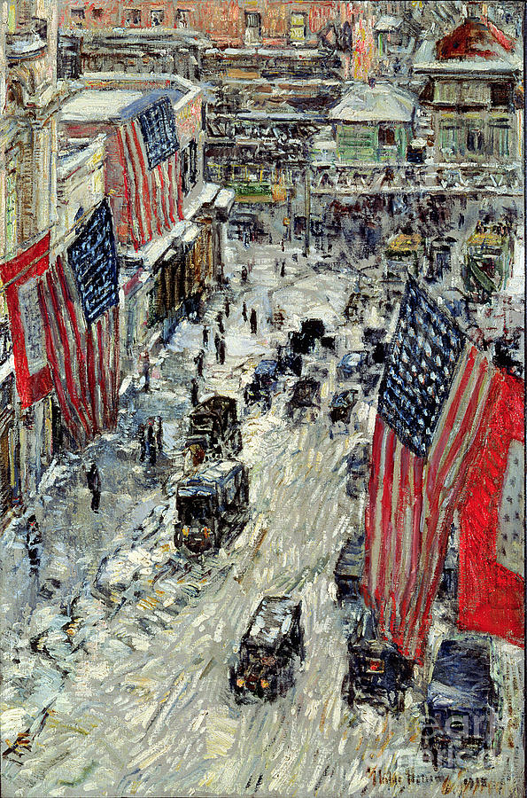 Flags On 57th Street, Winter 1918 Painting by Childe Frederick Hassam