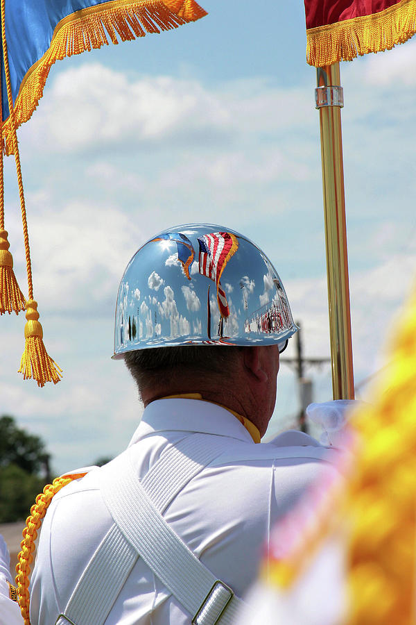 Flags Reflection in Veteran Helmet Photograph by Toni Hopper