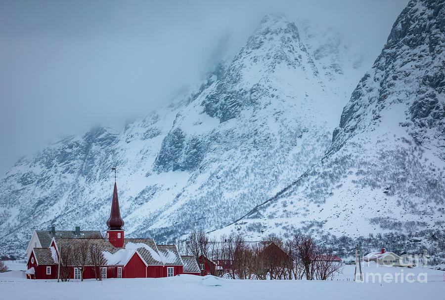 Flakstad Kirke and Mountains Photograph by Inge Johnsson