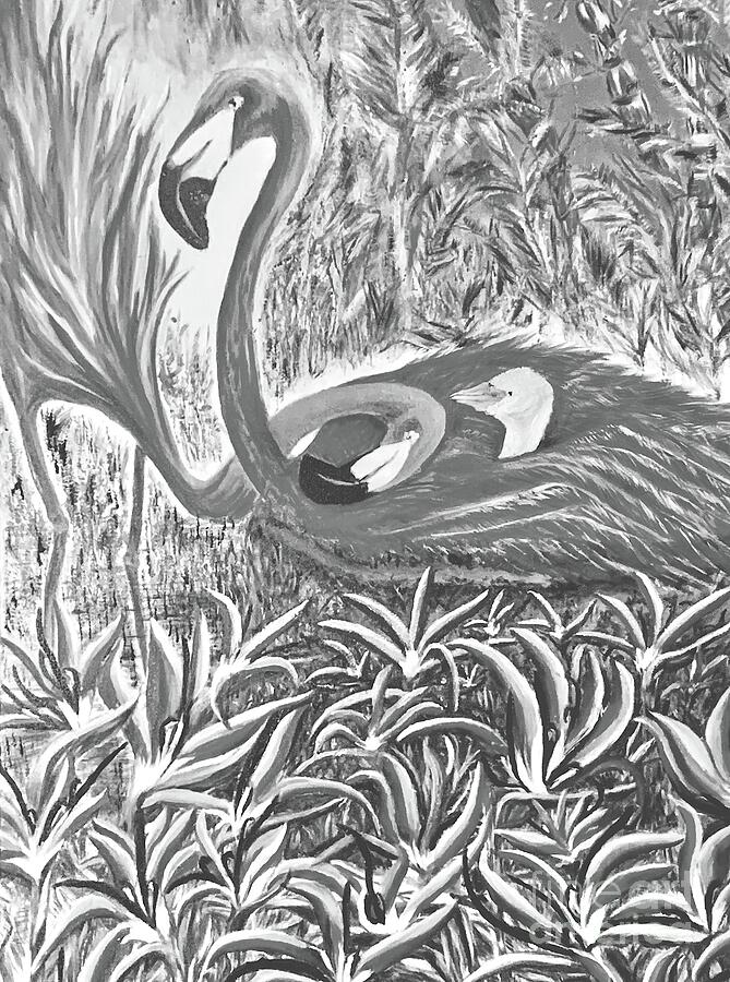 Flamingo Family BW Painting by Michael Silbaugh