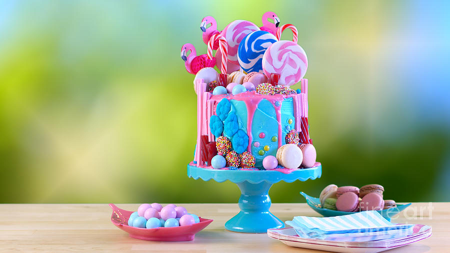 Flamingo birhday candyland cake gardden setting Photograph by Milleflore Images