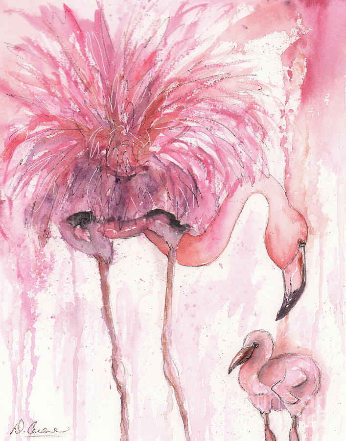 Flamingo Mom And Baby Watercolor Painting by Debbie Cerone