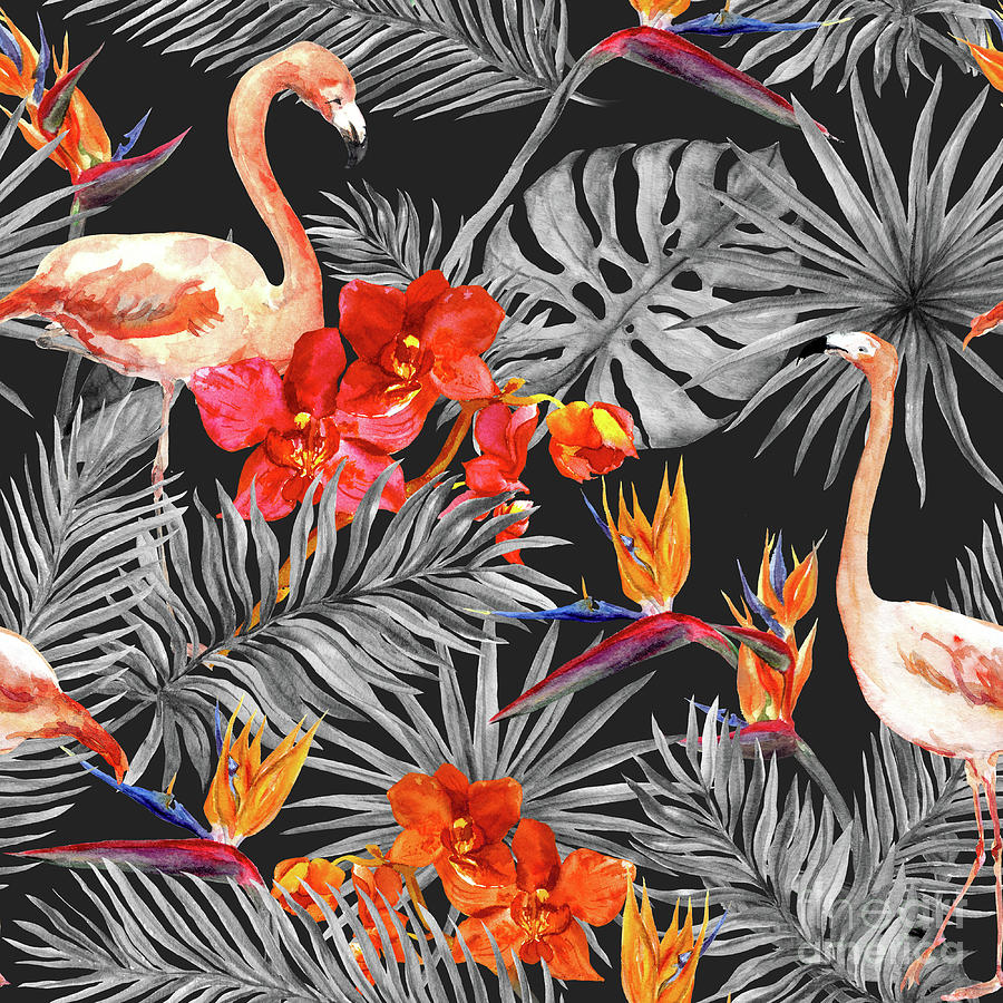 Flamingo, Tropical Leaves, Exotic Digital Art by Zzorik