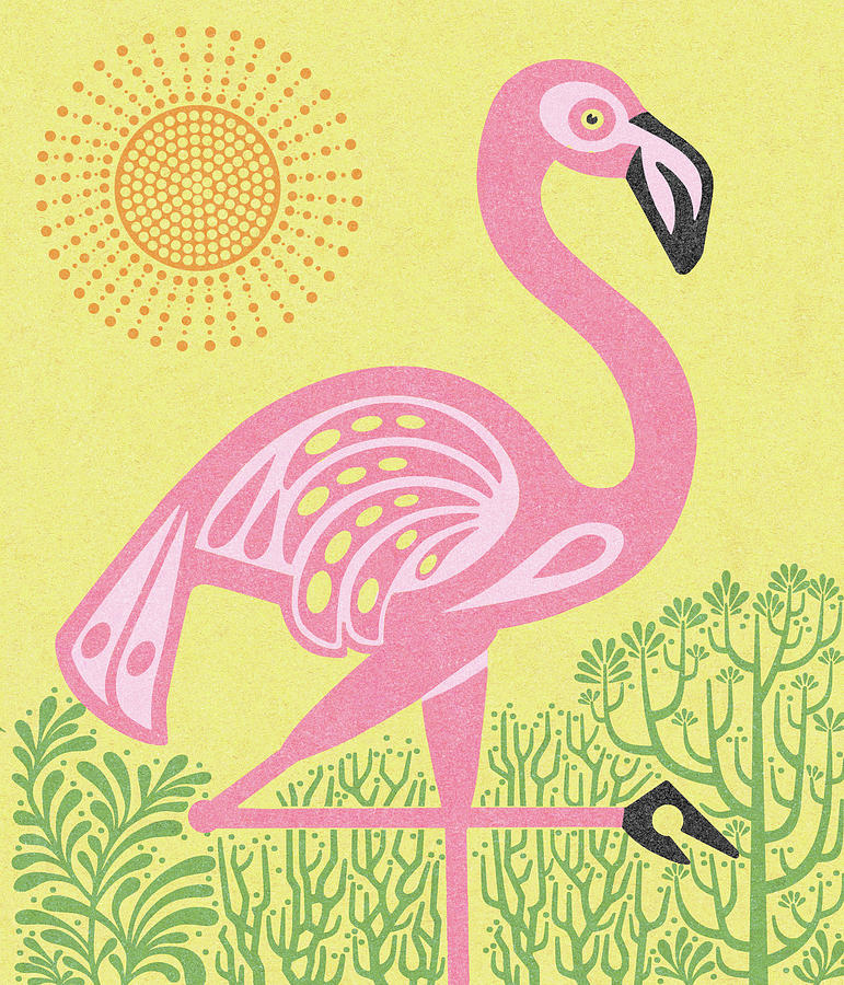 Flamingo Drawing - Flamingo With Sun by CSA Images