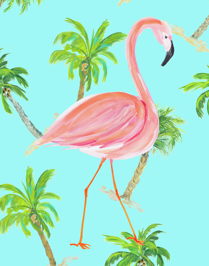 2 Pink Flamingos Blue Lagoon Water Palm Tree Half Moon   Nautical Art print 
