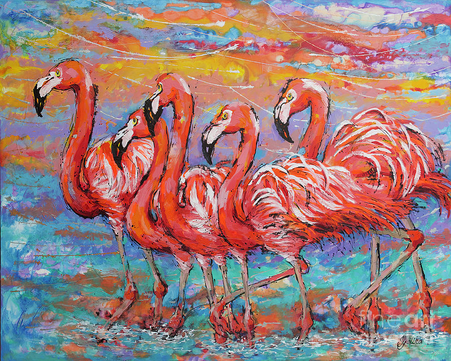 Flamingos at Sunset Painting by Jyotika Shroff
