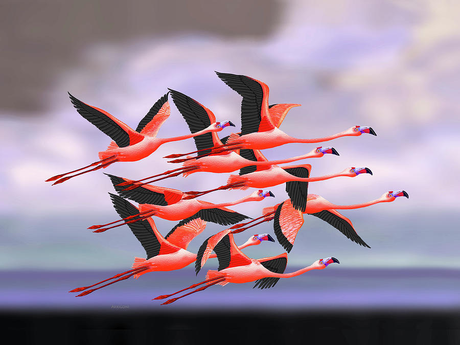 Flamingos in Flight  Painting by David Arrigoni