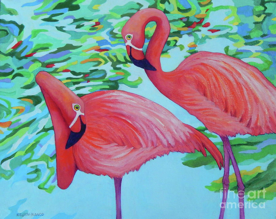 Flamingos JESS AND LORRAINE Painting by Sharon Nelson-Bianco