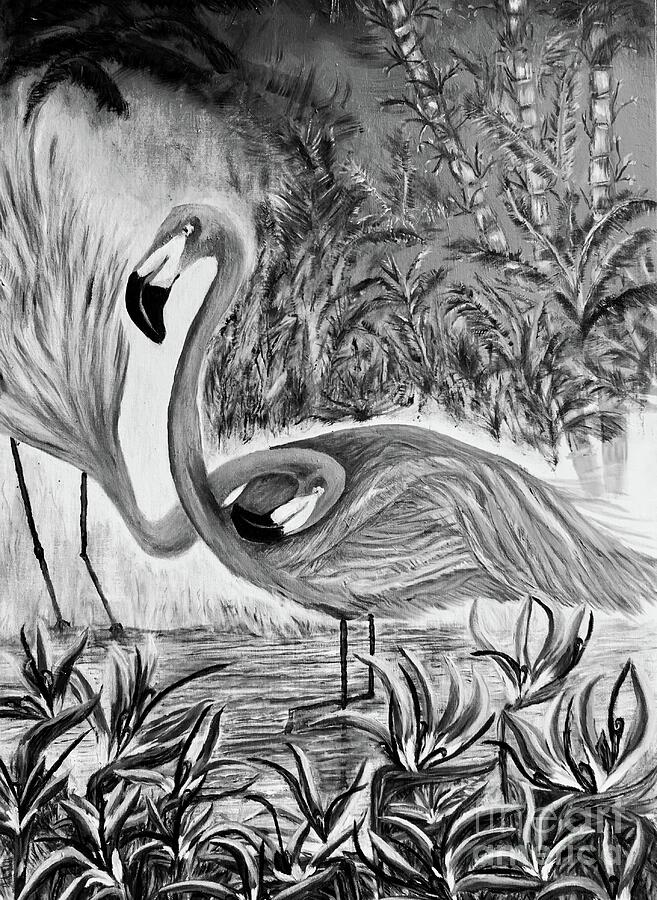 Flamingos-Just Love, black and white Painting by Michael Silbaugh