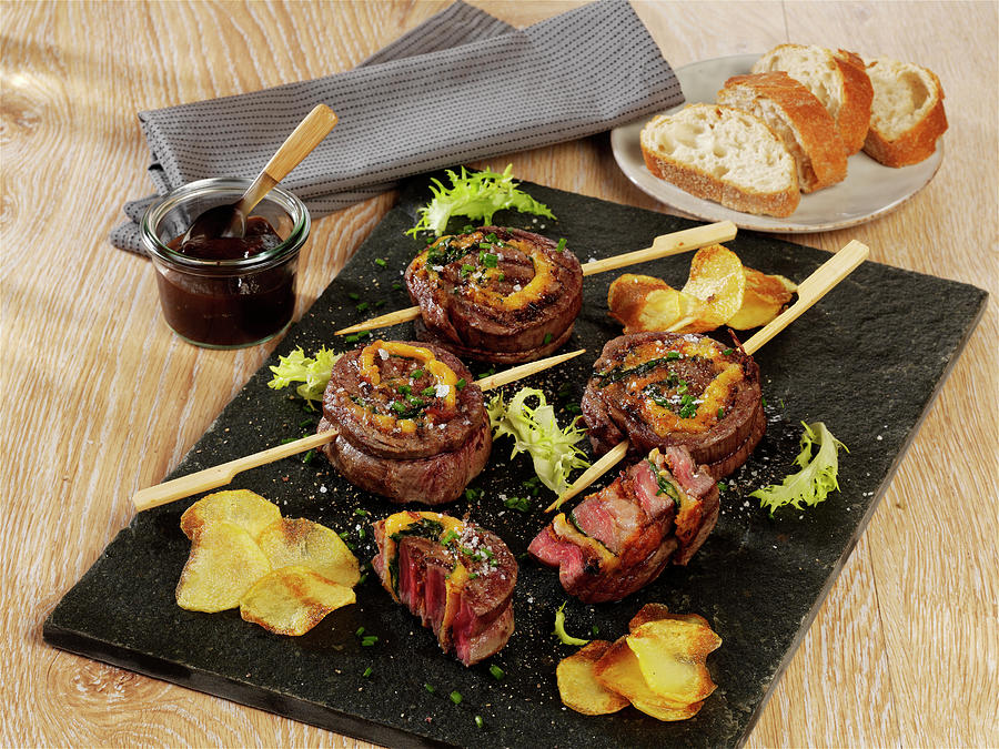 Flank Steak Snails With Cheddar, Spinach And Bacon Photograph by Photoart / Stockfood Studios